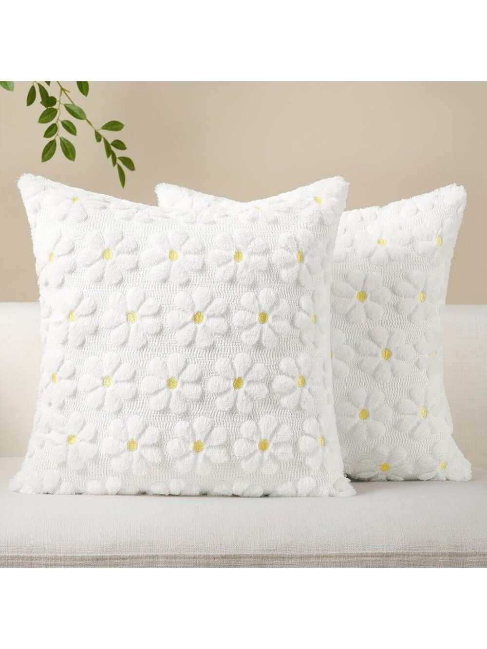 〽️Unisex White Outdoor Farmhouse Floral Daisy Faux Fur Couch Sofa Pillow Case